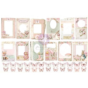 May include: A collection of vintage-style paper cutouts with floral and butterfly designs. The cutouts feature frames, illustrations of animals, and decorative elements in soft pink, cream, and pastel colors. A row of delicate butterfly stickers is at the bottom.