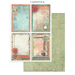 May include: Cardstock paper with a variety of designs. The designs include a teal background with numbers and a spider web, a floral design, a lined paper design with flowers, and a design with the number 2. The background paper has a green, vintage newspaper print.