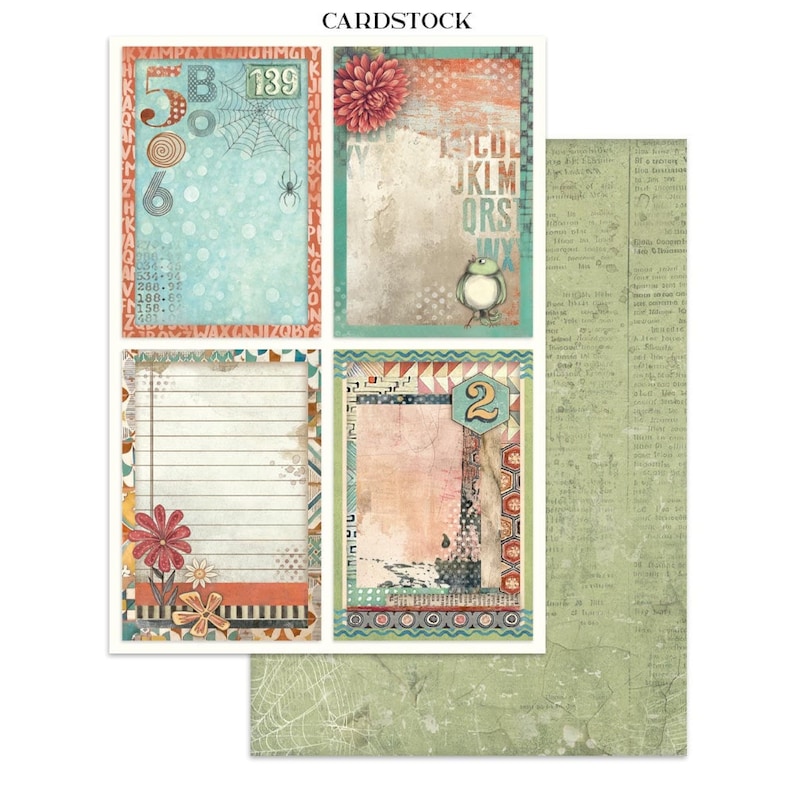 May include: Cardstock paper with a variety of designs. The designs include a teal background with numbers and a spider web, a floral design, a lined paper design with flowers, and a design with the number 2. The background paper has a green, vintage newspaper print.
