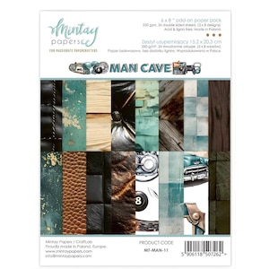 May include: A paper pack with various textured designs, including wood, leather, and automotive elements. The pack is labeled "MAN CAVE" and includes the text "6 x 8" add-on paper pack". The product code is MT-MAN-11.