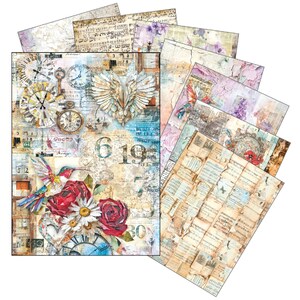 Peut inclure: Une collection de feuilles de papier rectangulaires présentant des designs en collage avec des cadrans d'horloges anciennes, des partitions musicales, des écritures manuscrites, des chiffres, des roses rouges, des marguerites blanches et un colibri coloré.