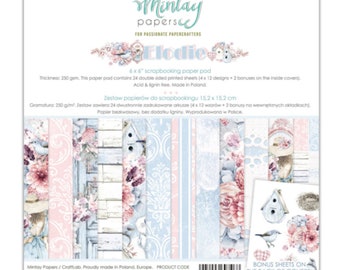 May include: A 6x6 inch scrapbooking paper pad with a floral and birdhouse theme. The pad contains 24 double-sided printed sheets with various designs in soft pastel colors. The cover features the name "Elodie" and the Mintay Papers logo.