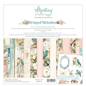 Bloc de papier mintay Winged Melodies 20 x 20 cm, fabrication de cartes, fournitures de loisirs créatifs, oiseaux, motifs floraux, papier double face, scrapbooking, travaux manuels en papier pour chiens