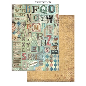 May include: Cardstock paper with a collage design featuring large, colorful letters and phrases like "The Day is Yours" and "Surprise!". The background is a mix of patterns and textures, with a separate sheet of textured, tan paper.