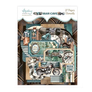 Peut inclure: Un ensemble de papiers de scrapbooking sur le thème du "Man Cave". Le design présente des horloges, des outils, une moto et les phrases "Man Cave" et "Man Zone". La palette de couleurs comprend des tons marron, sarcelle et crème, avec une esthétique vintage.
