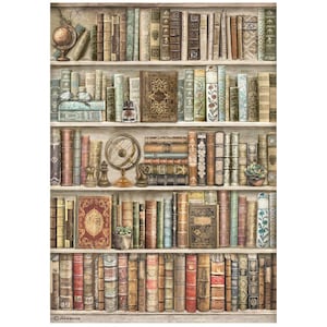 Stamperia Bookshelf A4 Rice Paper,Craft Supplies,Card Making,Scrapbooking,Decoupage Paper,Library ,Mixed Media Rice Paper Collage