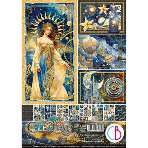 Ciao Bella Celestial A4 scrapbookingpapier set, ambachtelijke benodigdheden maan, universum, kosmische symbolen, sterren, planeten sterrenbeelden etiketten, tags papier