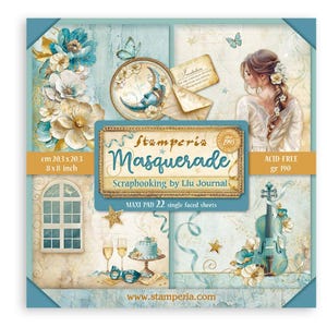 Stamperia Masquerade 8&quot; x 8&quot; Single Faced Maxi Pad Paper Pad 10 pc Double Side ,Craft Supplies,Card Making,Scrapbook Paper Birthday Party