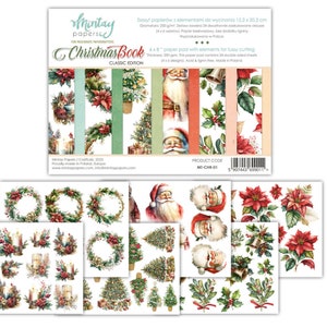 May include: A 6x8 inch paper pad with elements for fussy cutting. The pad contains 24 double-sided sheets with Christmas designs, including Santa Claus, wreaths, poinsettias, and Christmas trees. The paper is acid and lignin free and made in Poland.