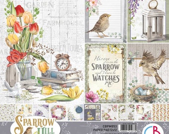 Ciao Bella Sparrow Hill 12&quot; x 12&quot; Scrapbooking Paper Set Floral,Garden Paper,Birds,Collage,Card Making,Craft Supplies,Papercraft,Spring