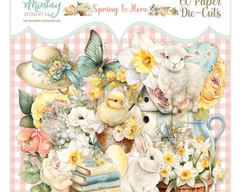 May include: A collection of 60 paper die-cuts with a spring theme. The design features a hat, butterfly, lamb, chick, bunny, flowers, and books. The text "Spring is Here" and "60 Paper Die-Cuts" are visible.