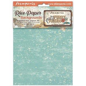 May include: A package of "Furry Friends" rice paper backgrounds by Stamperia. The package features eight A6 printed papers, measuring 4.13 x 5.83 inches. The paper has a distressed teal background with gold speckles and the text "Rice Paper Backgrounds".