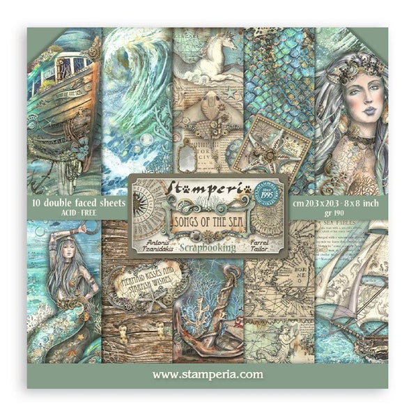 Stamperia Songs Of The Sea 8" x 8" Paper Pad 10 pc Double Side ,Craft Supplies,Card Making,Scrapbooking,Ocean,Mermaid Paper,Nautical Paper