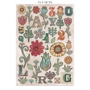 May include: A sheet of decorative cut-outs featuring floral and botanical designs, numbers, and letters. The cut-outs include various colors such as red, blue, green, and yellow. The text "CUT OUTS" is at the top of the sheet.