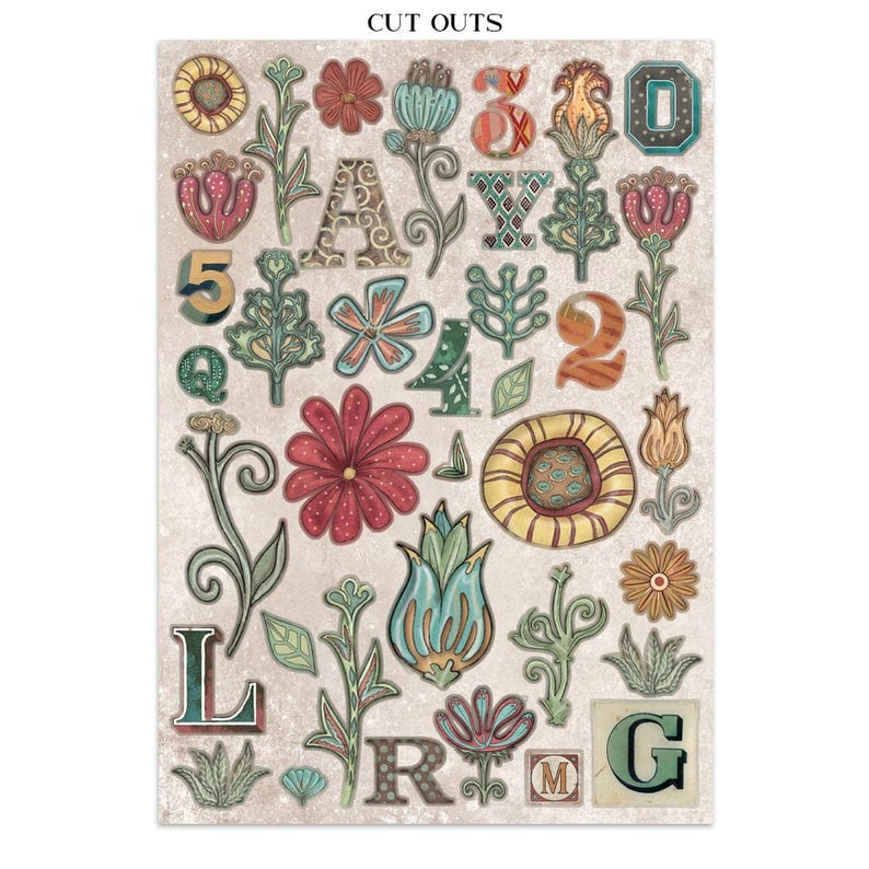 May include: A sheet of decorative cut-outs featuring floral and botanical designs, numbers, and letters. The cut-outs include various colors such as red, blue, green, and yellow. The text "CUT OUTS" is at the top of the sheet.