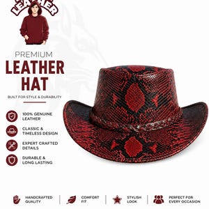 Handmade Red Python Print Leather Cowboy Hat | Unisex Western Rodeo Hat