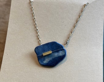 Natural shell pendant necklace, indigo and gold