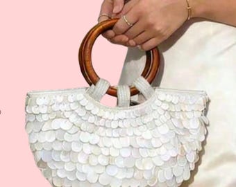 White Iridescent Sequin Top Handle Evening Bag with Brown Ring Handles