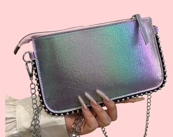 Iridescent Holographic Crossbody Bag Slim Vegan Leather Chain Purse