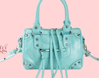 Aqua Studded Mini Satchel with Tassels and Detachable Shoulder Strap