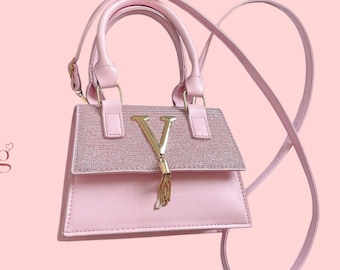 Pink Top Handle Handbag with Glitter Flap Vegan Leather Mini Purse