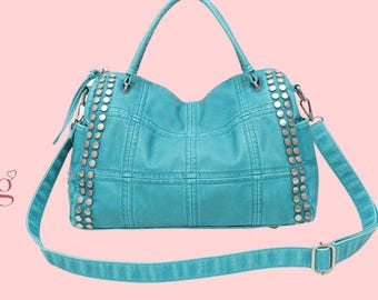 Turquoise Studded Top Handle Bag with Detachable Shoulder Strap and Silver Tone Hardware