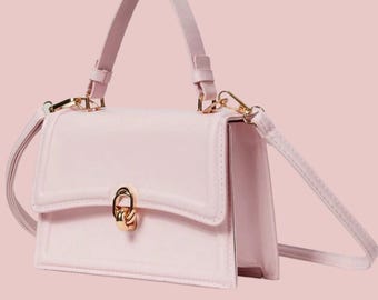 Blush Pink Top Handle Handbag Leather Style Purse Gold Lock Shoulder Bag