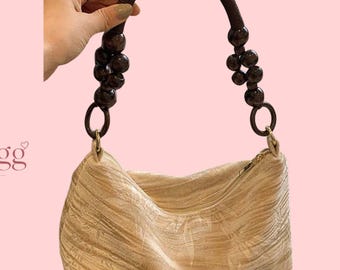 Beige Shoulder Bag with Wooden Bead Handle Textured Fabric Handbag