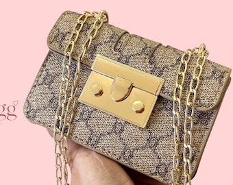 Mini Chain Crossbody Bag Patterned Shoulder Purse Gold Lock Handbag