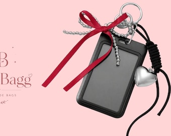 Black Heart Bag Charm Keychain with Red Ribbon and Silver Heart Pendant