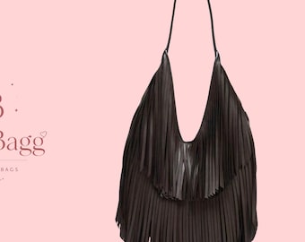 Black Fringe Hobo Bag with Long Shoulder Strap