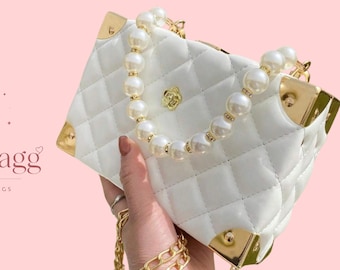 White Quilted Pearl Handbag Gold Chain Crossbody Mini Shoulder Bag
