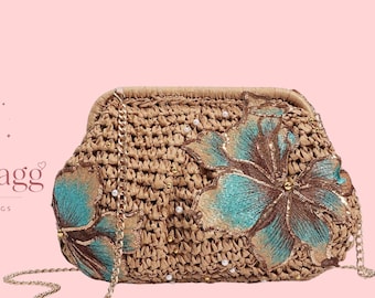 Woven Straw Clutch Bag Butterfly Evening Purse Handmade Beach Wedding Clutch