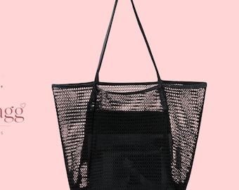 Black Mesh Beach Tote Bag Large Shoulder Shopper Lightweight Travel Handbag