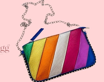 Rainbow Metallic Crossbody Bag Colorful Vegan Leather Chain Shoulder Purse
