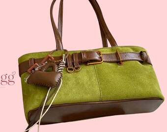 Olive Green Leather Shoulder Bag Vintage Belt Accent Everyday Tote Purse
