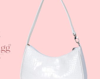 White Croc Embossed Baguette Shoulder Bag with Glossy Finish and Silver Hardware