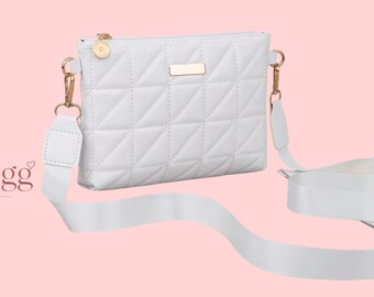 White Quilted Crossbody Bag Vegan Leather Zip Shoulder Purse