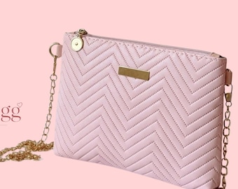 Pink Quilted Crossbody Bag Chevron Vegan Leather Chain Shoulder Purse