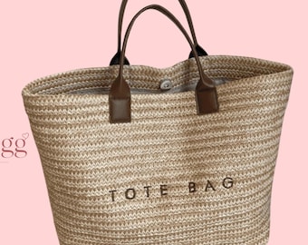 Woven Straw Tote Bag Beige Beach Shoulder Bag Large Summer Shopper