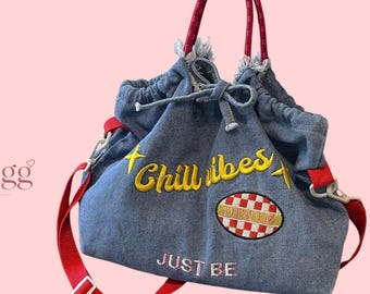 Blue Denim Drawstring Shoulder Bag Embroidered Crossbody Tote Casual Handbag
