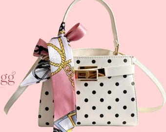 White Polka Dot Top Handle Bag Leather Crossbody Purse with Silk Scarf Bow