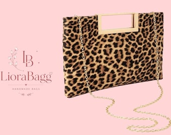 Leopard Print Evening Clutch Bag with Gold Chain Shoulder Strap