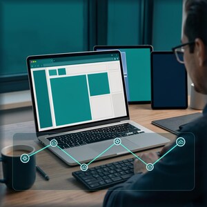 Puede incluir: Un portátil plateado con una pantalla oscura que muestra una interfaz web de color verde azulado, colocado sobre un escritorio de madera junto a una taza oscura y un teclado separado. Una superposición digital muestra un gráfico lineal.