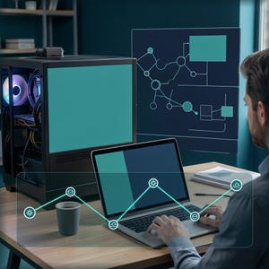 May include: A black computer tower with an illuminated internal fan and a laptop displaying a teal screen. A digital overlay shows a connected line graph with weather icons, while a floating diagram with nodes and rectangles appears in the background.