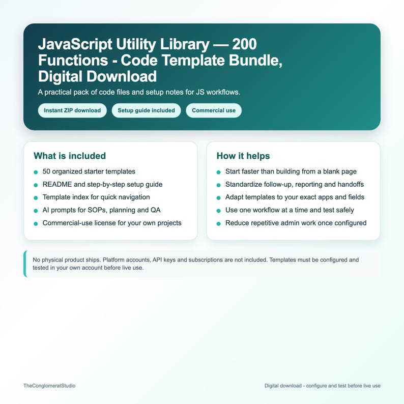Biblioteca de utilidades JavaScript: 200 funciones - Paquete de plantillas de código, descarga digital imagen 2