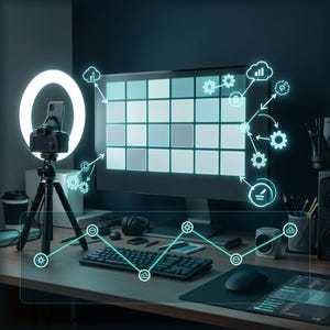 May include: A computer monitor displaying a grid of light blue squares with glowing cyan digital icons and connecting lines. A camera on a tripod with a circular ring light stands to the left, alongside a black keyboard and computer mouse.