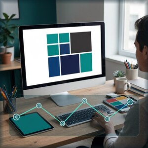 May include: A computer monitor displaying a grid of teal, dark blue, and charcoal gray squares. A keyboard and tablet are on the desk, with a digital overlay showing a connected line graph with sun and cloud icons connecting the devices.