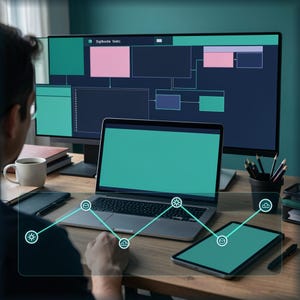 May include: A workspace featuring a large computer monitor displaying a software interface with pink and teal blocks, a laptop with a blank teal screen, a tablet, a white coffee mug, and a black pencil holder on a wooden desk surface.
