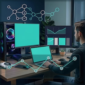 May include: A workspace featuring a desktop computer with a glowing fan, a monitor displaying teal charts, and a laptop. A digital network graphic with interconnected nodes and icons overlays the scene, connecting the devices and the user's hands.